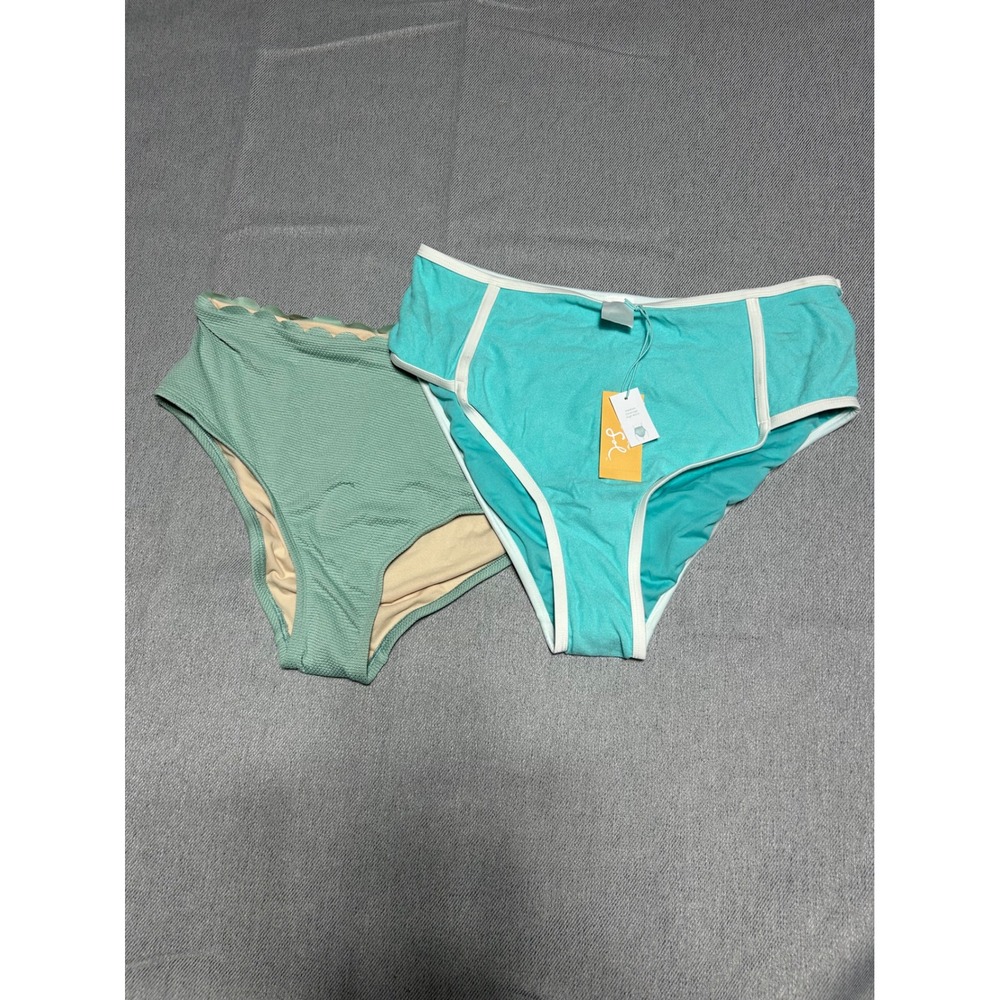Kona Sol Swimsuit‎ Bottoms Womens XL Teal Green High Waist Scalloped 2 Pack